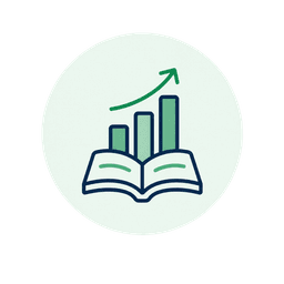 Open book with an ascending bar chart and green up-arrow
